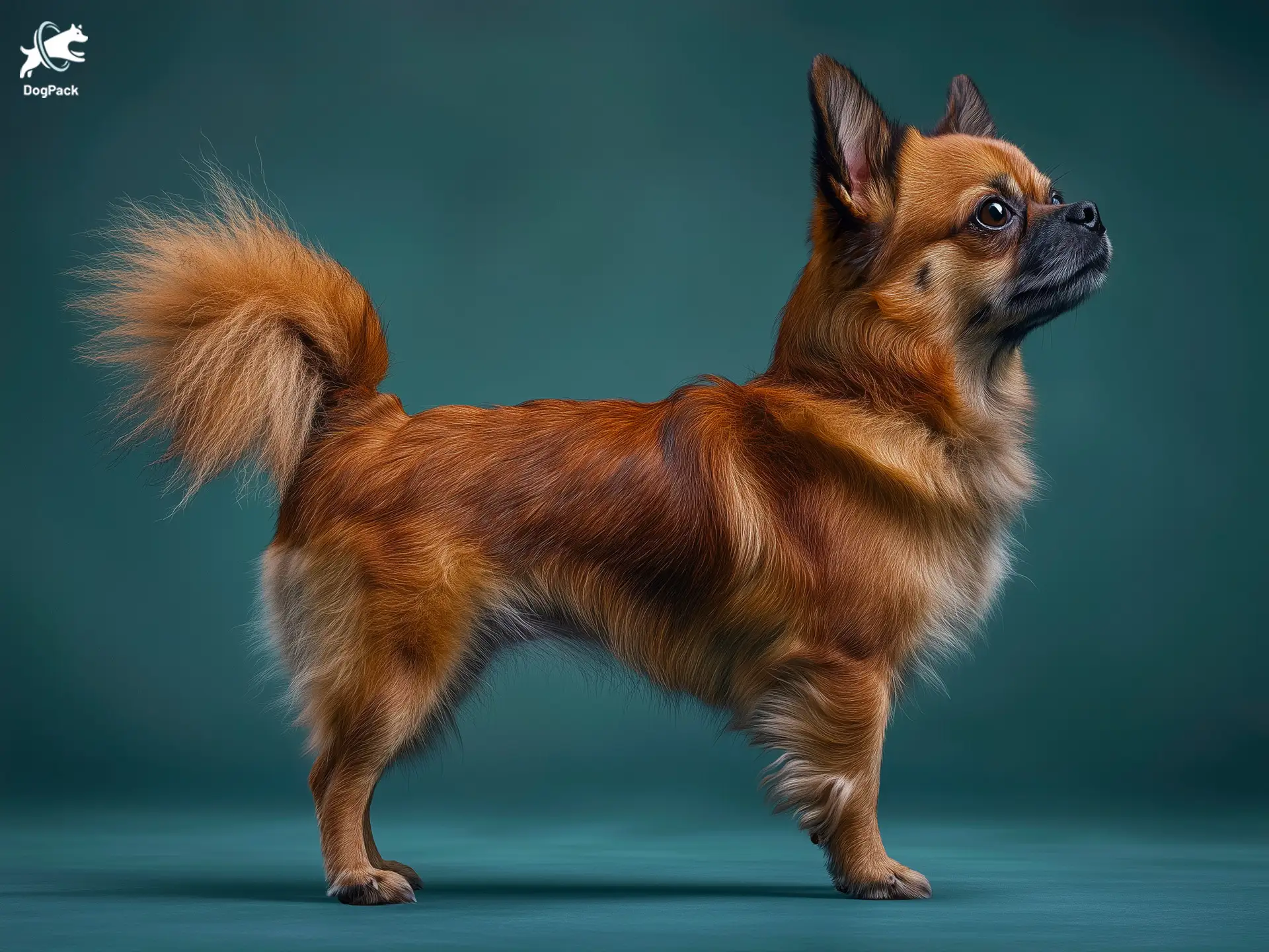 Affenhuahua dog breed full body view standing against green background