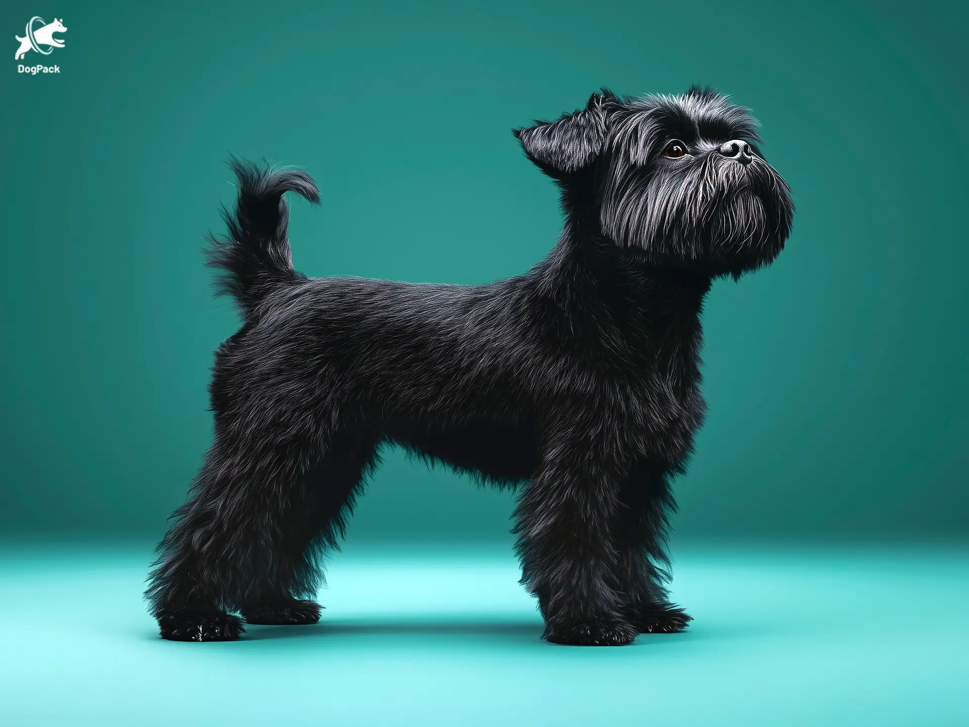 Affenpinscher dog breed full body view standing against green background