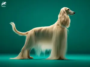 Afghan Hound dog breed full body view standing against green background