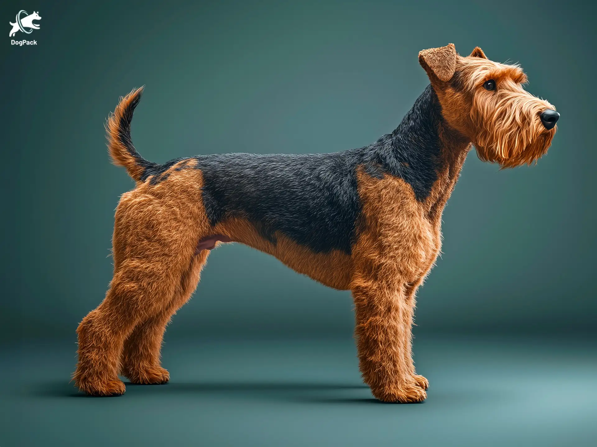 Airedale Terrier dog breed full body view standing against green background