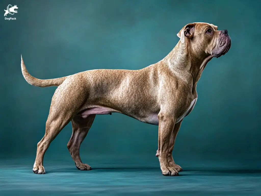 Ca de Bou dog breed full body view standing against green background