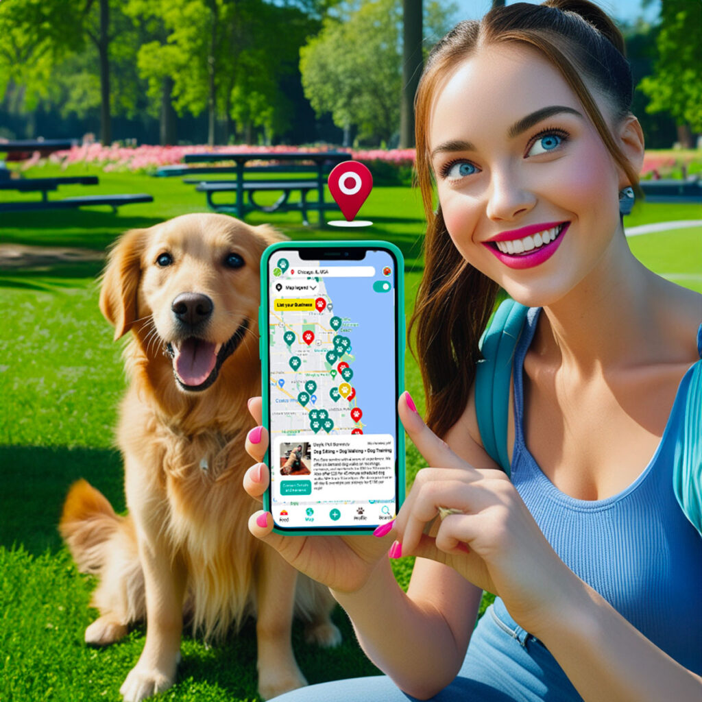 Woman in a dog park with her labrador using the DogPack App