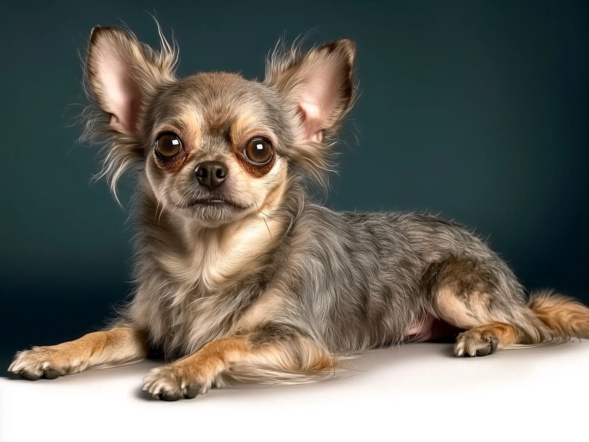 A small, long-haired Affenhuahua with large, upright ears and expressive eyes, lying down calmly against a dark background