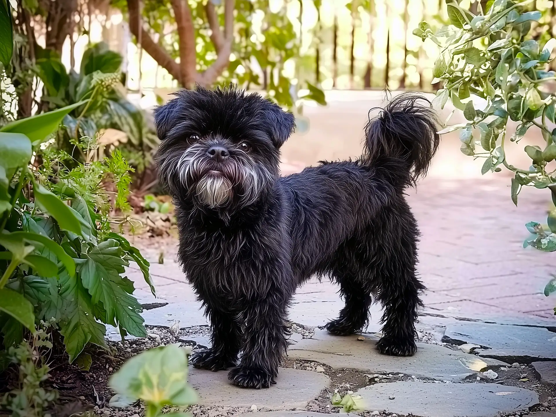 A small, black Affenpinscher dog with a wiry coat stands confidently on a stone path, surrounded by lush greenery in a garden