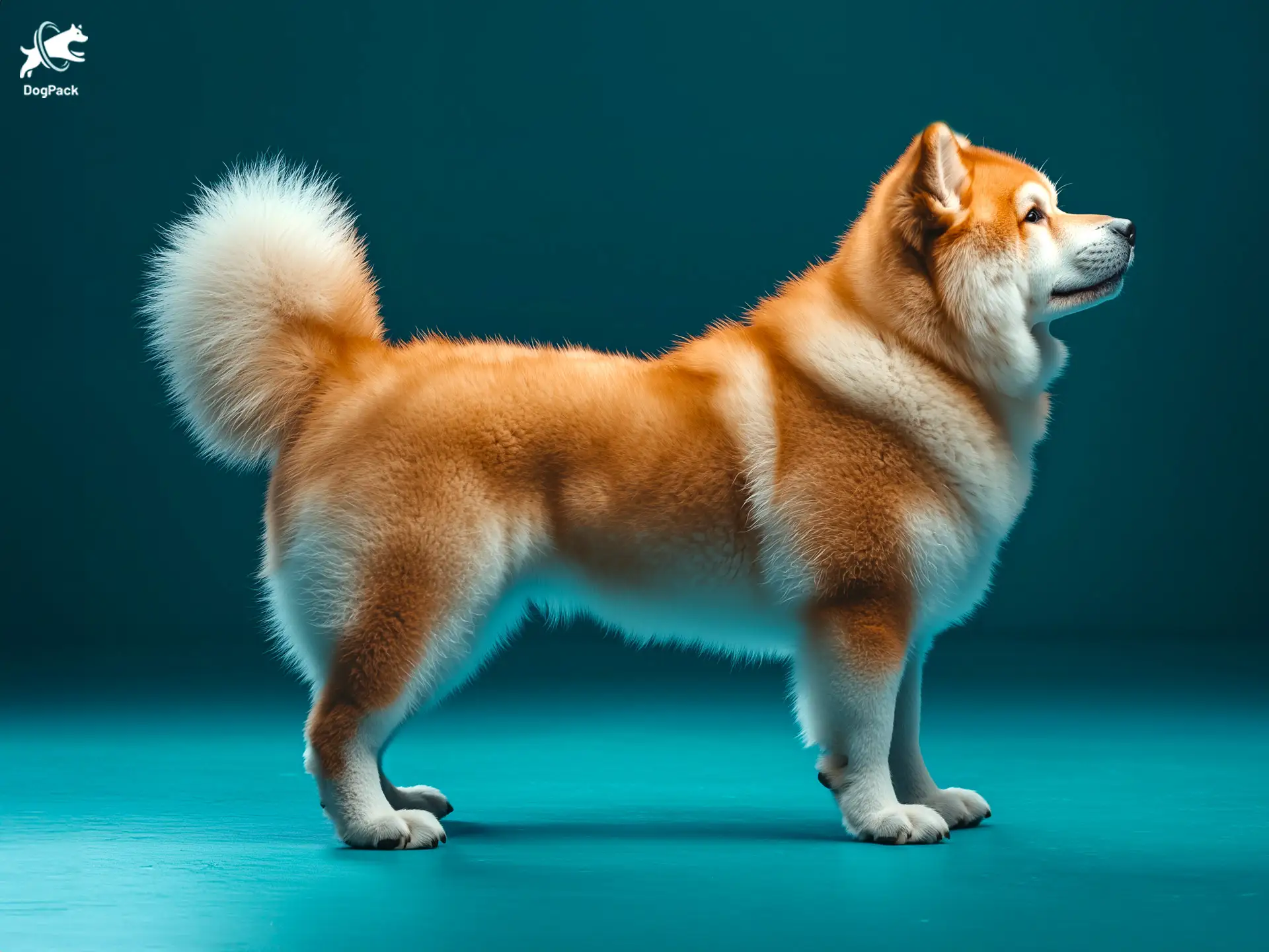 Akita Chow Dog breed full body view standing against green background