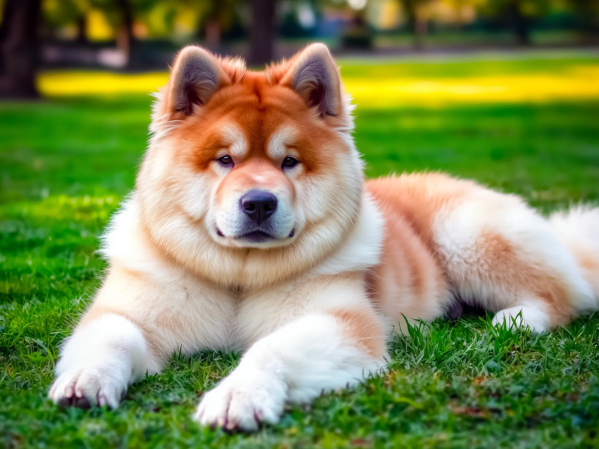 A fluffy Akita Chow with a reddish-brown and cream coat lying down on grass, looking directly at the camera