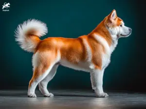 Akita Inu Dog breed full body view standing against green background