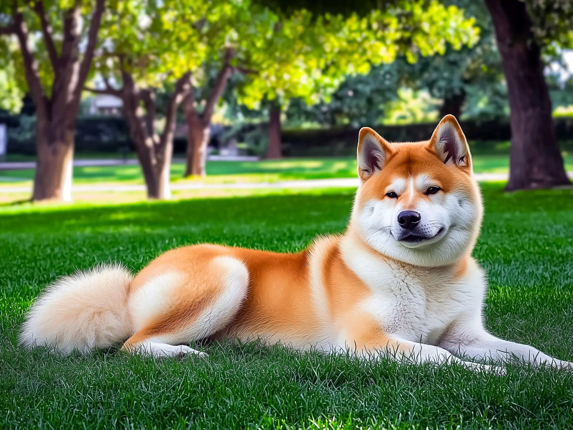 An Akita Inu with a thick, cream and tan coat lying on the grass in a park, panting with a relaxed expression, surrounded by trees