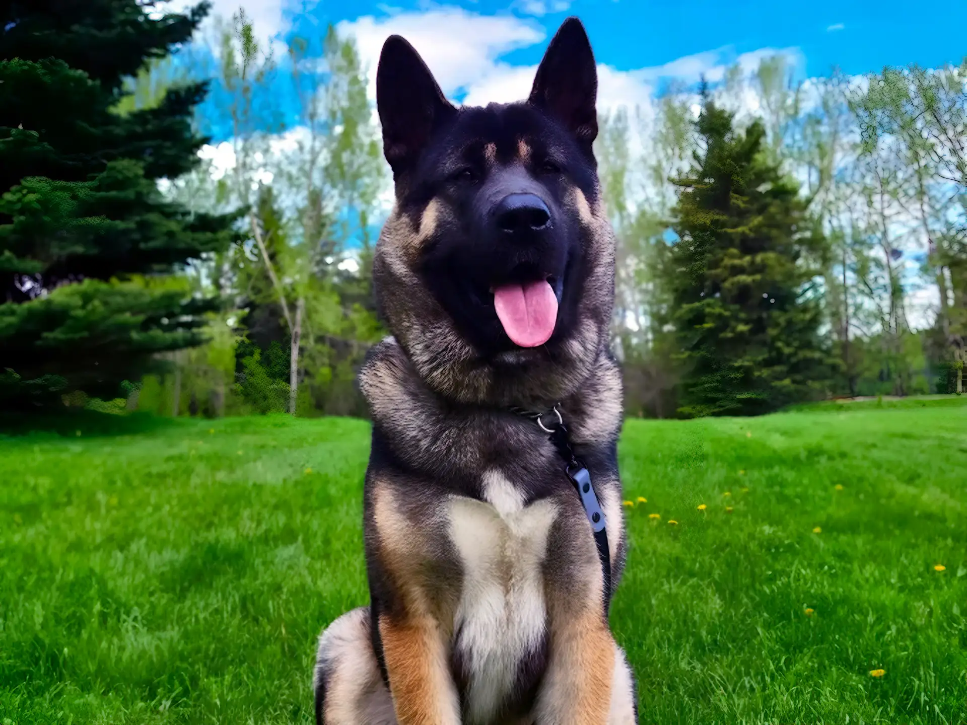 A black and tan Akita sitting on a grassy field, tongue out, with trees and a blue sky in the background