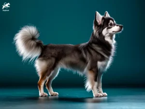 Alaskan Klee Kai Dog breed full body view standing against green background