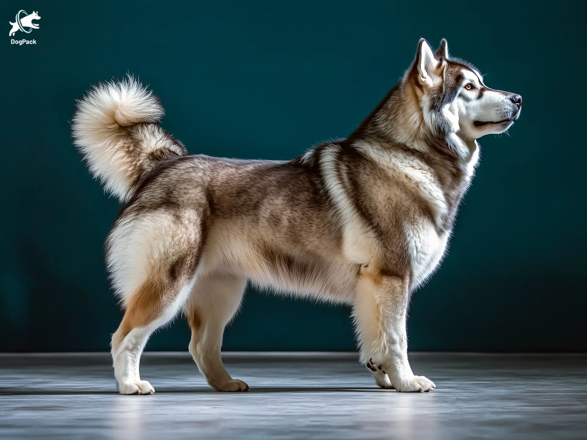 Alaskan Malamute Dog breed full body view standing against green background