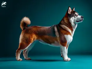 American Akita Dog breed full body view standing against green background