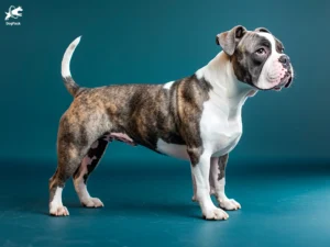 American Bulldog Dog breed full body view standing against green background