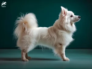 American Eskimo Dog breed full body view standing against green background