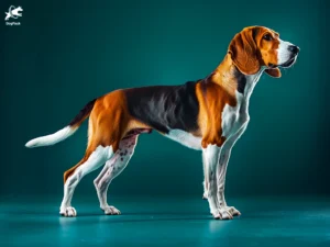 American Foxhound Dog breed full body view standing against green background