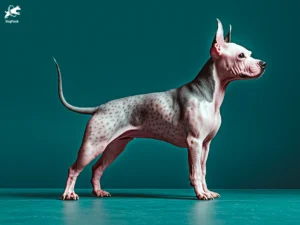 American Hairless Terrier Dog breed full body view standing against green background