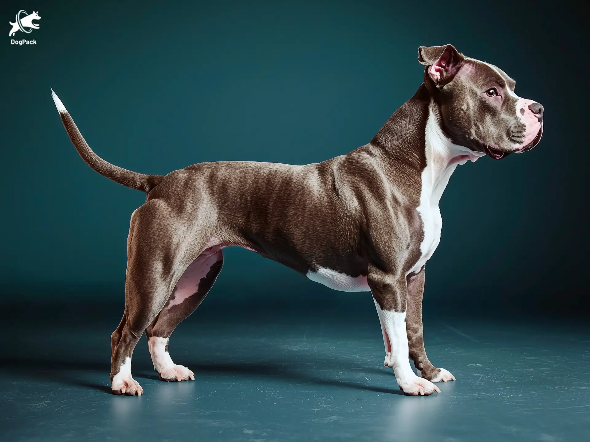 American Pit Bull Terrier Dog breed full body view standing against green background