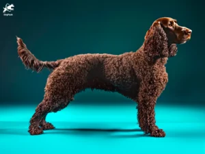 American Water Spaniel Dog breed full body view standing against green background