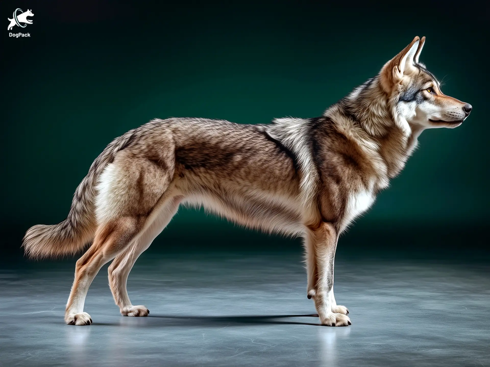 American Wolfdog Dog breed full body view standing against green background