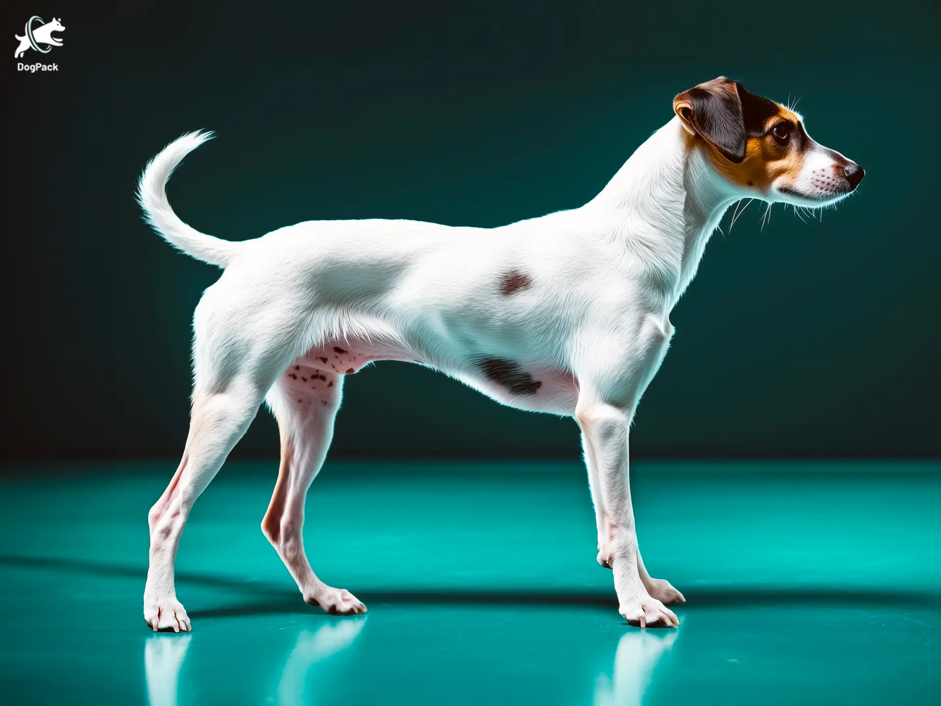 Andalusian Terrier (Ratonero Bodeguero Andaluz) Dog breed full body view standing against green background