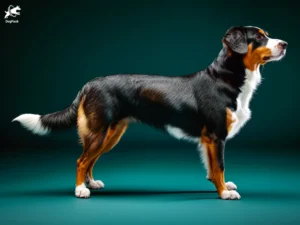 Appenzeller Sennenhund Mountain Dog breed full body view standing against green background