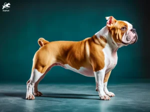 Australian Bulldog breed full body view standing against green background