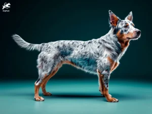 Australian Cattle Dog breed full body view standing against green background