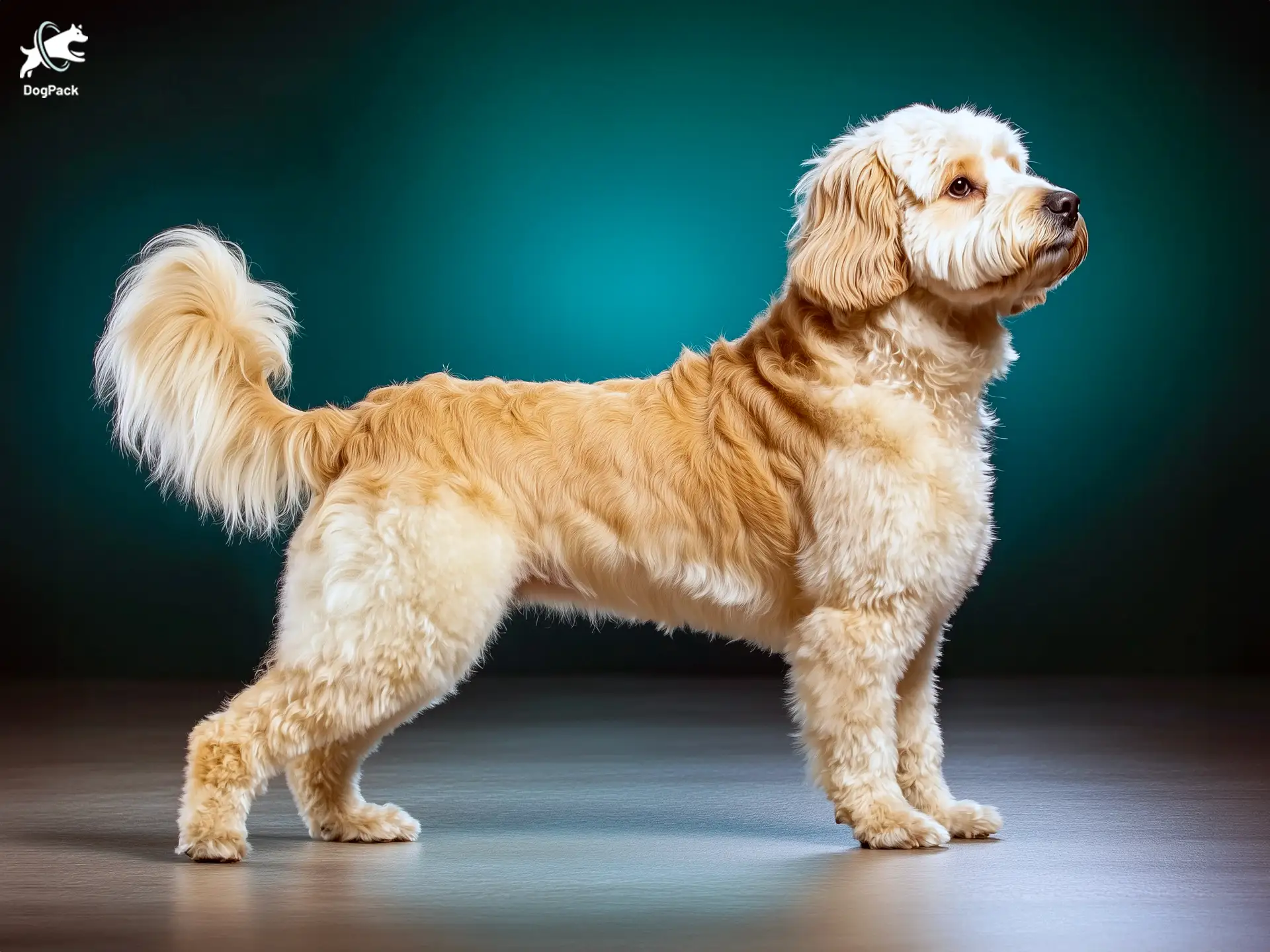 Australian Cobberdog breed full body view standing against green background