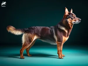 Australian Kelpie dog breed full body view standing against green background