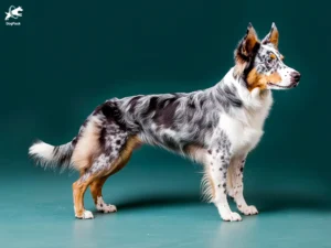 Australian Koolie dog breed full body view standing against green background