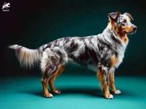 Australian Shepherd dog breed full body view standing against green background