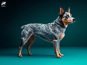 Australian Stumpy Tail Cattle dog breed full body view standing against green background