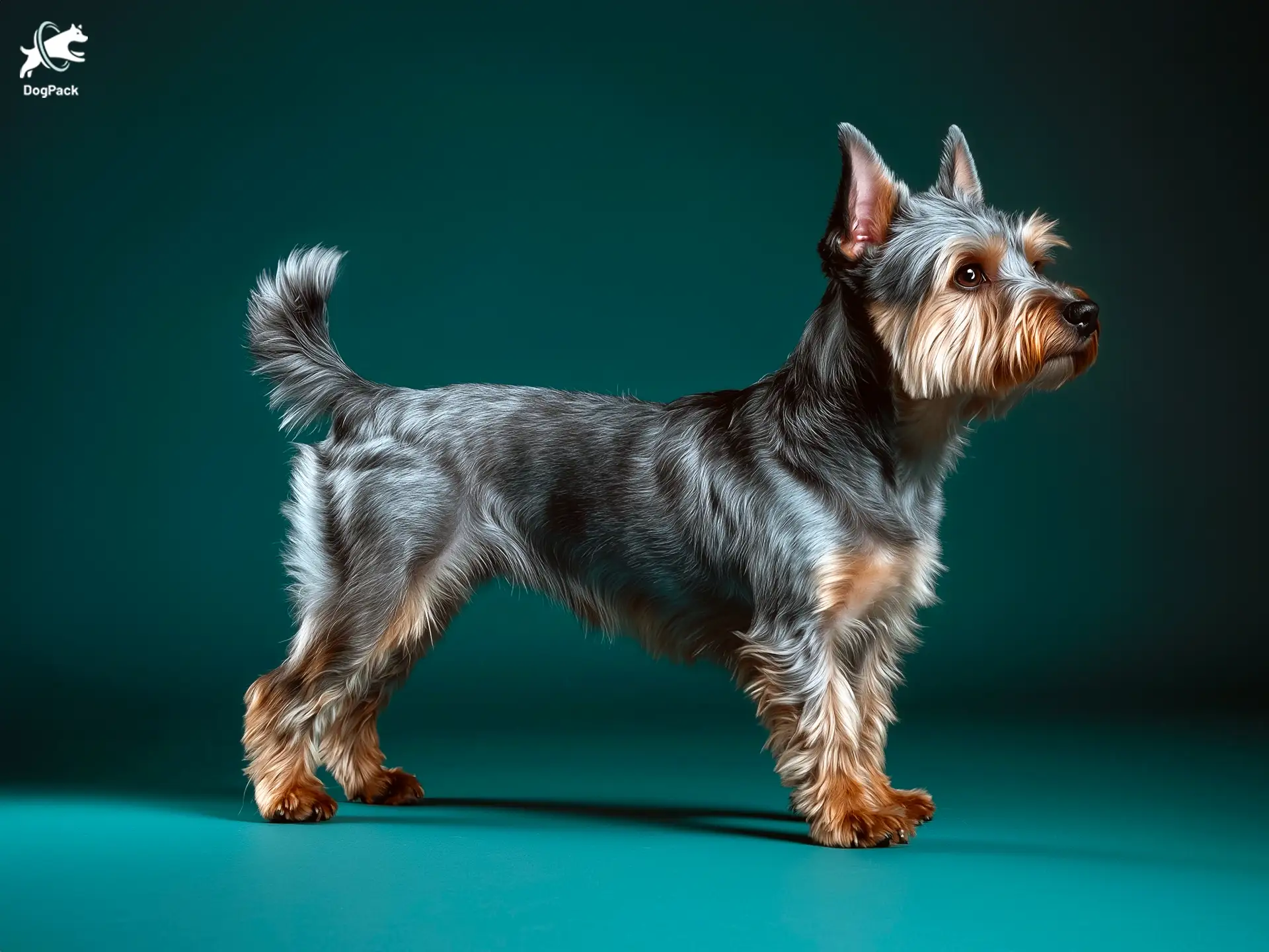 Australian Terrier dog breed full body view standing against green background