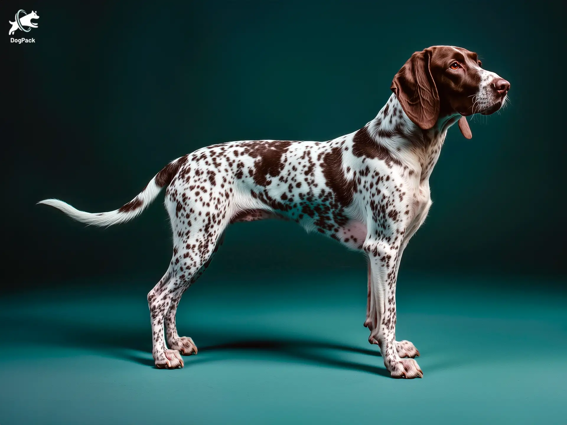 Auvergne Pointer (Braque D’Auvergne) dog breed full body view standing against green background