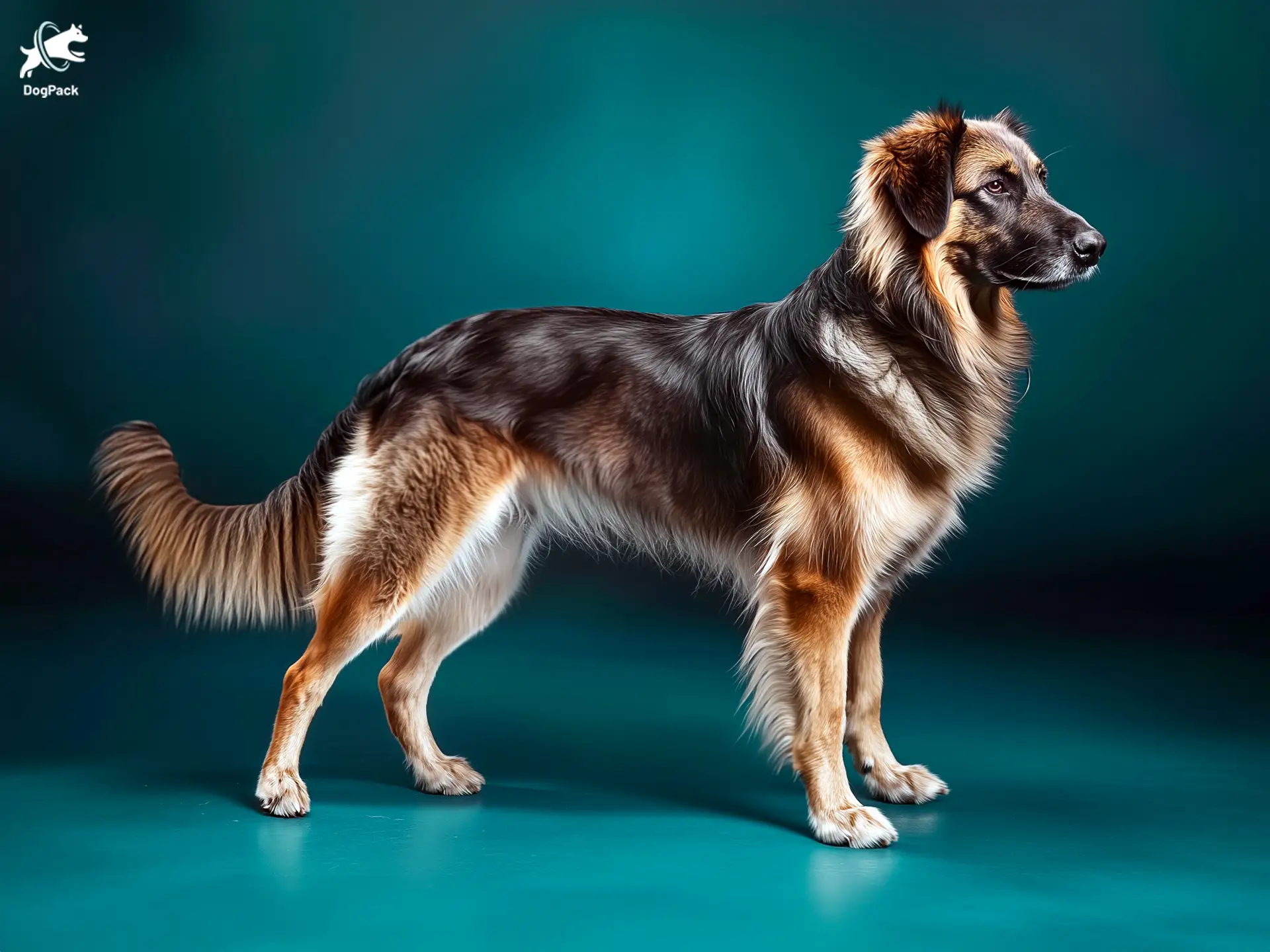 Auvergne Shepherd dog breed full body view standing against green background