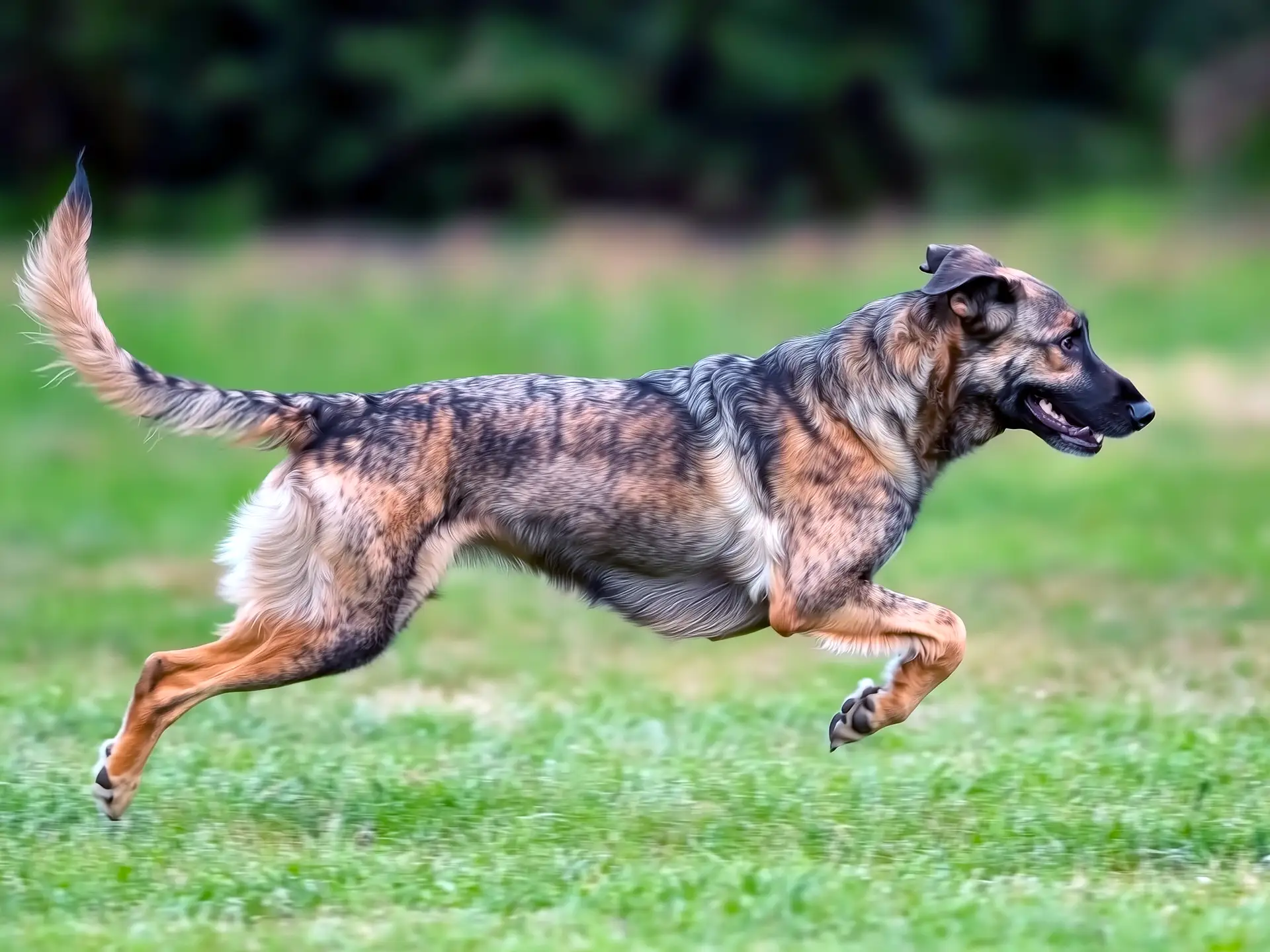 An Auvergne Shepherd is captured mid-stride while running on a grassy field, with a blurred green background of trees