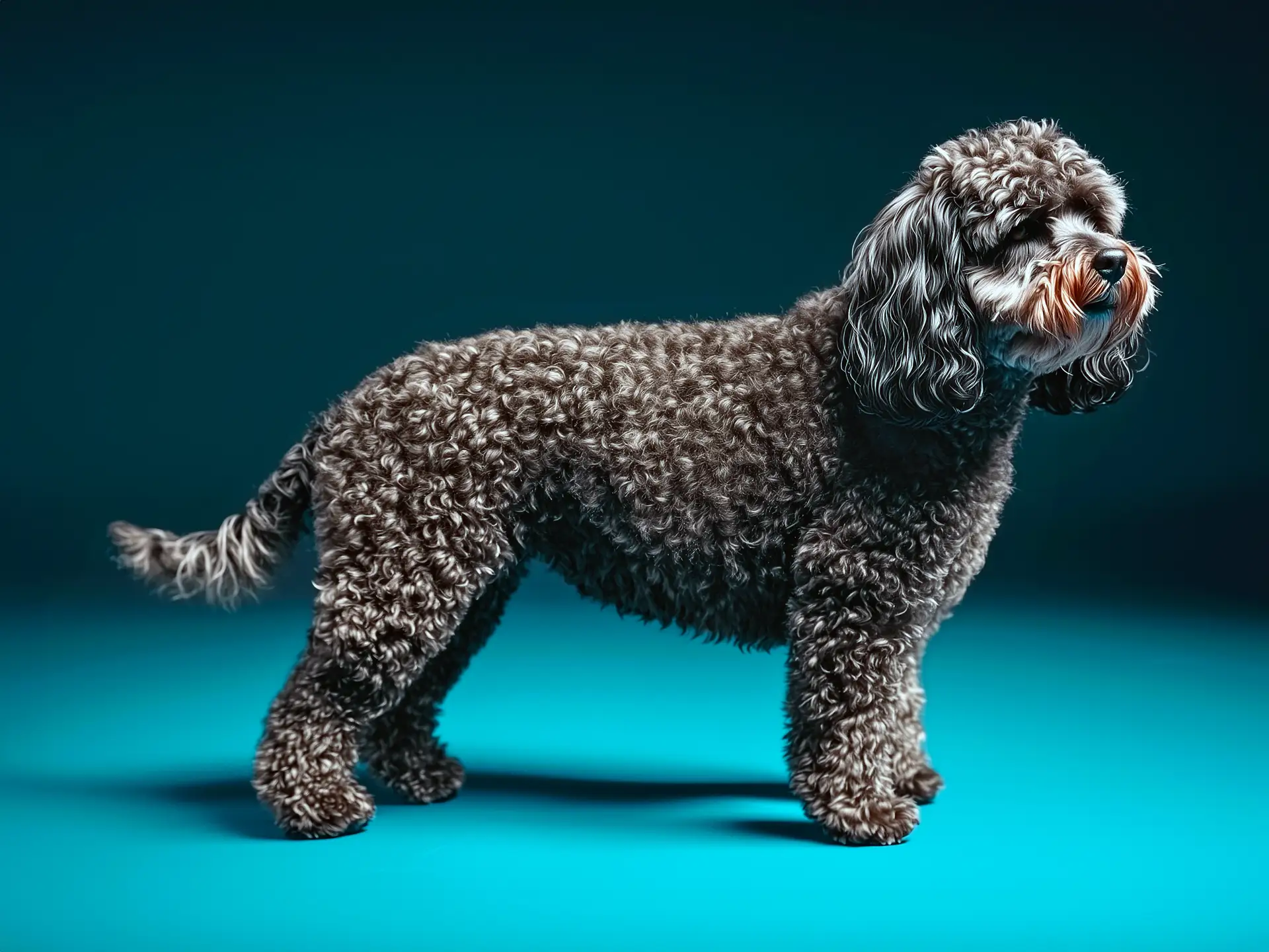 Barbet dog breed full body view standing against green background