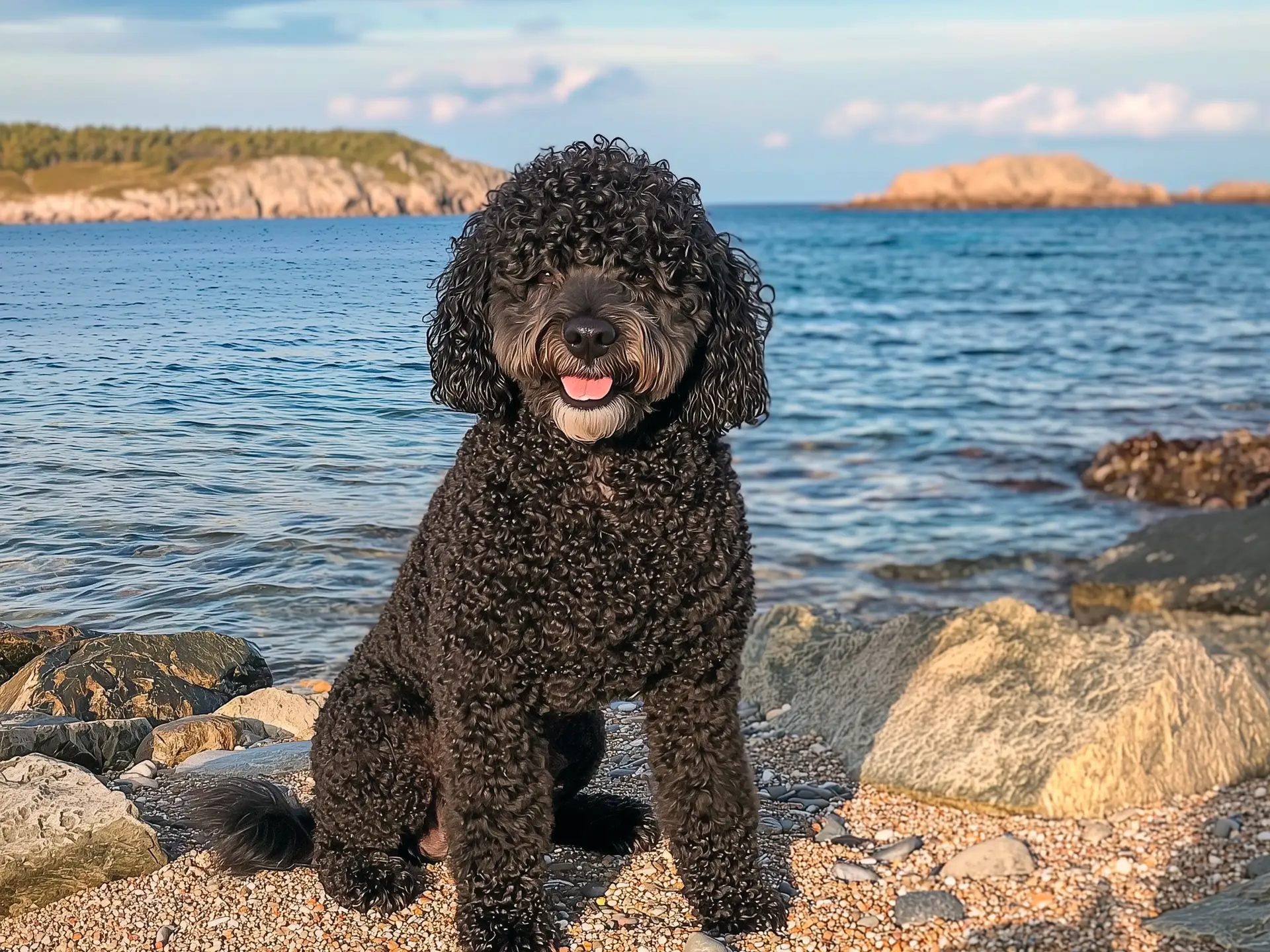 A curly-coated black Barbet sits on a rocky shore by the sea, with a calm ocean and distant rocks in the background under a clear sky