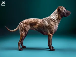 Bardino Majorero dog breed full body view standing against green background