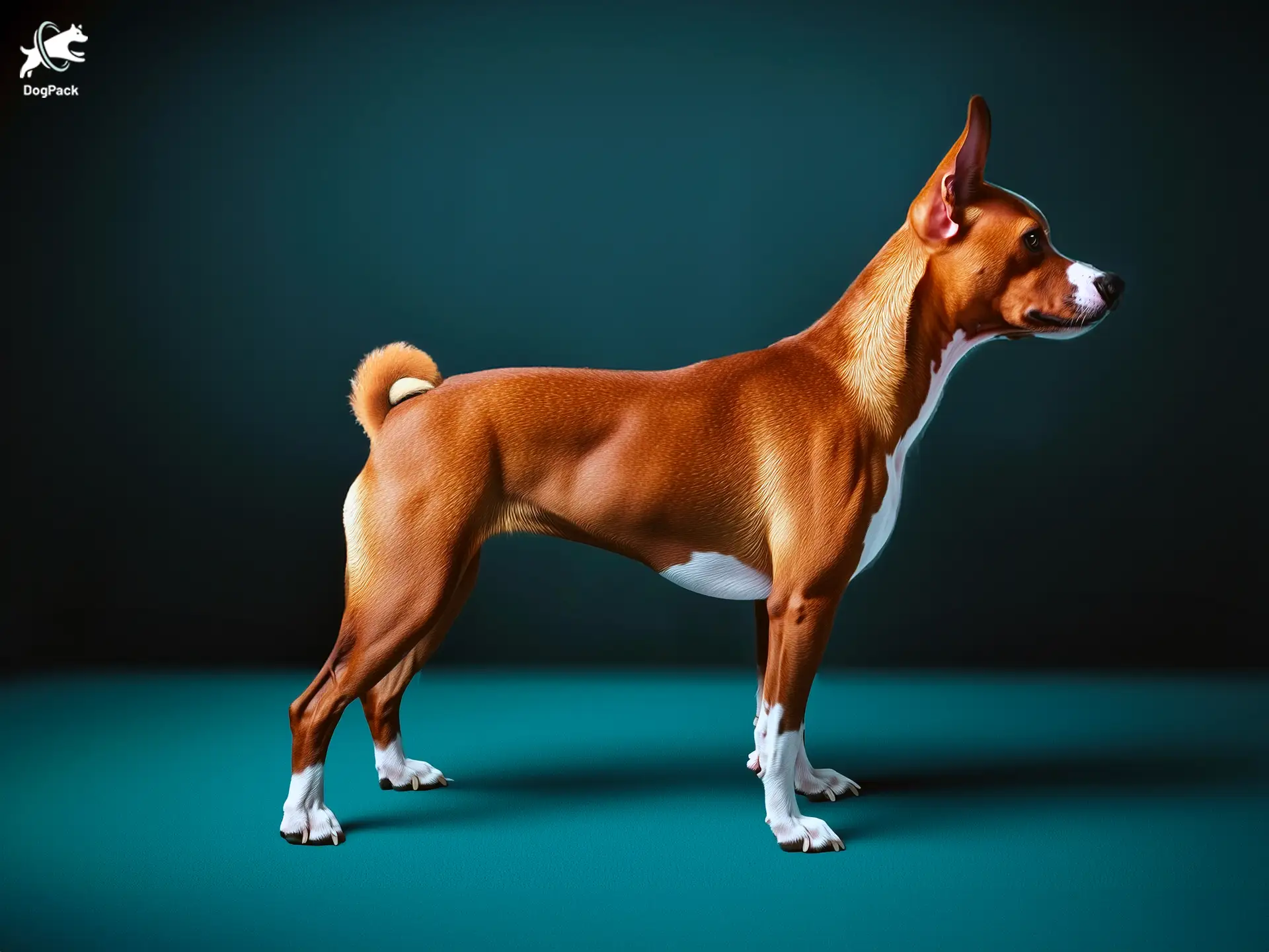 Basenji dog breed full body view standing against green background