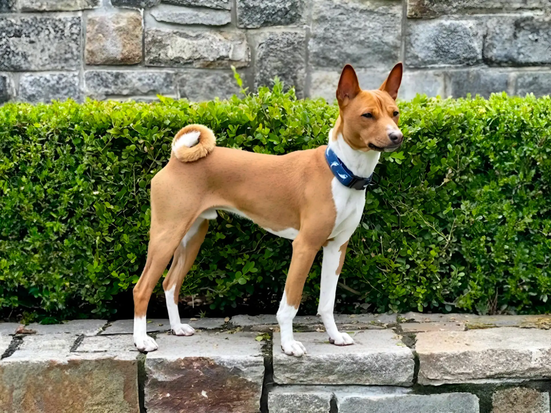 A Basenji with a sleek tan and white coat stands on a stone ledge, showing its curled tail and alert posture, with a hedge and stone wall in the background