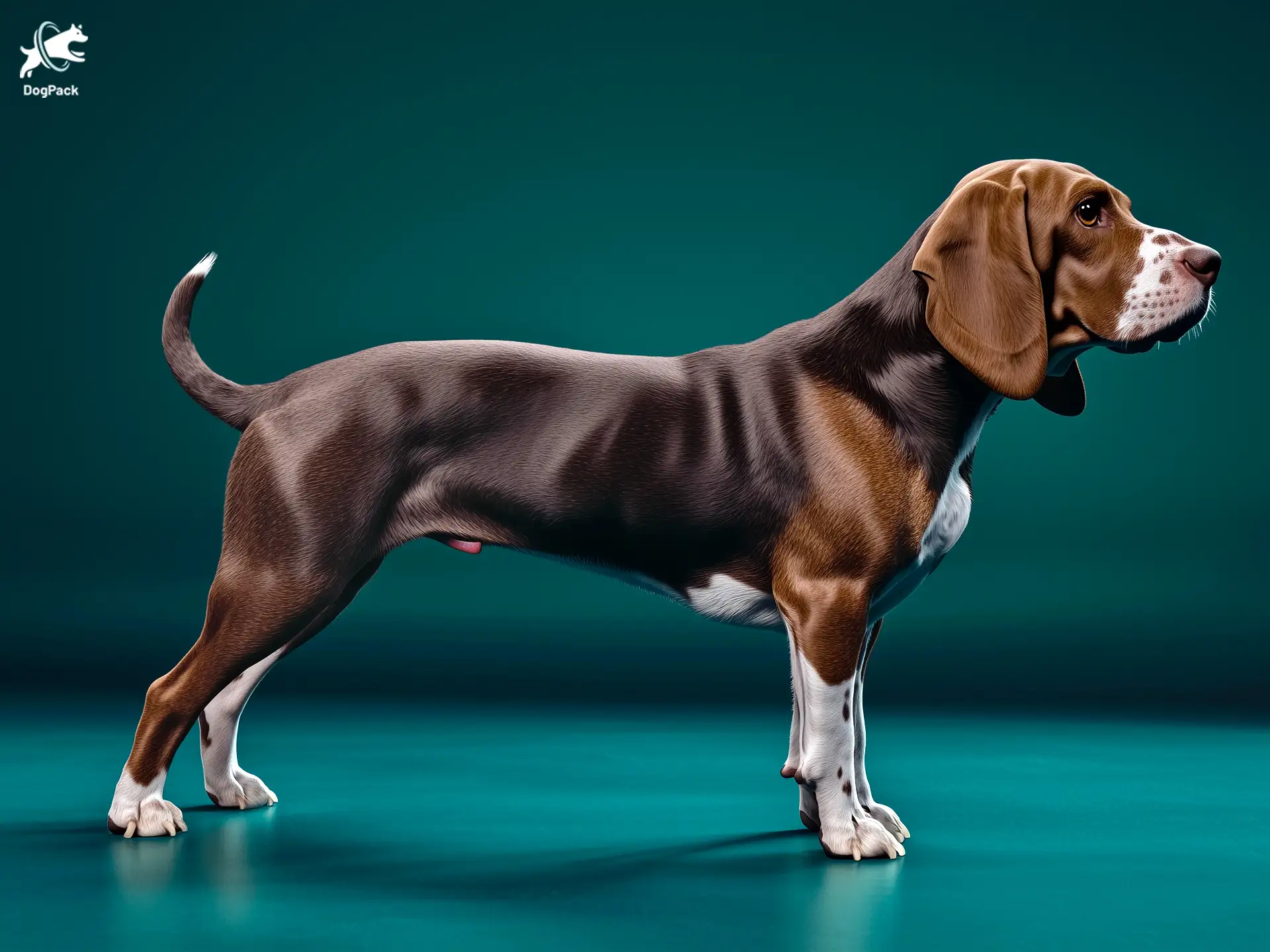 Bassador dog breed full body view standing against green background