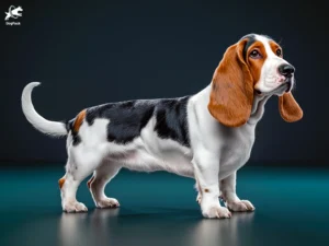 Basset Artésien Normand dog breed full body view standing against green background