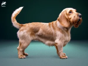 Basset Fauve de Bretagne dog breed full body view standing against green background