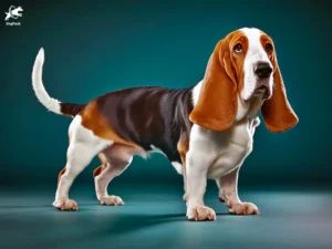 Basset Hound dog breed full body view standing against green background