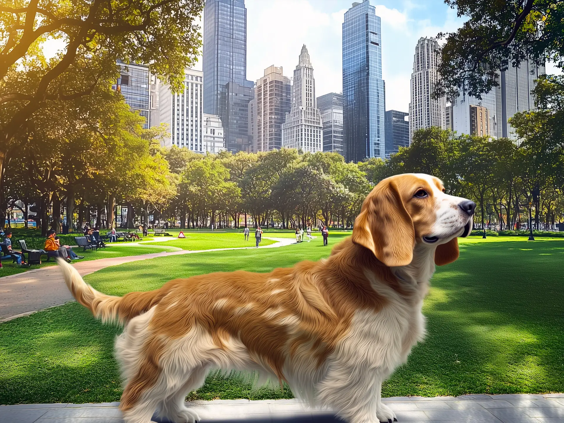 A Basset Retriever with a golden and white coat stands in a city park with skyscrapers in the background, enjoying a sunny day on the green lawn