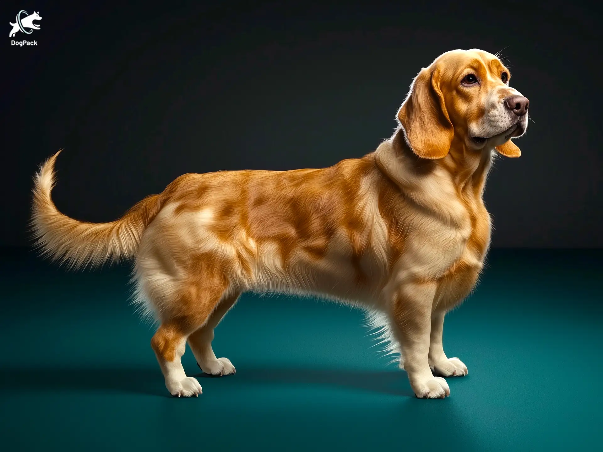 Basset Retriever dog breed full body view standing against green background