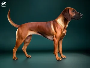 Bavarian Mountain Scent Hound dog breed full body view standing against green background