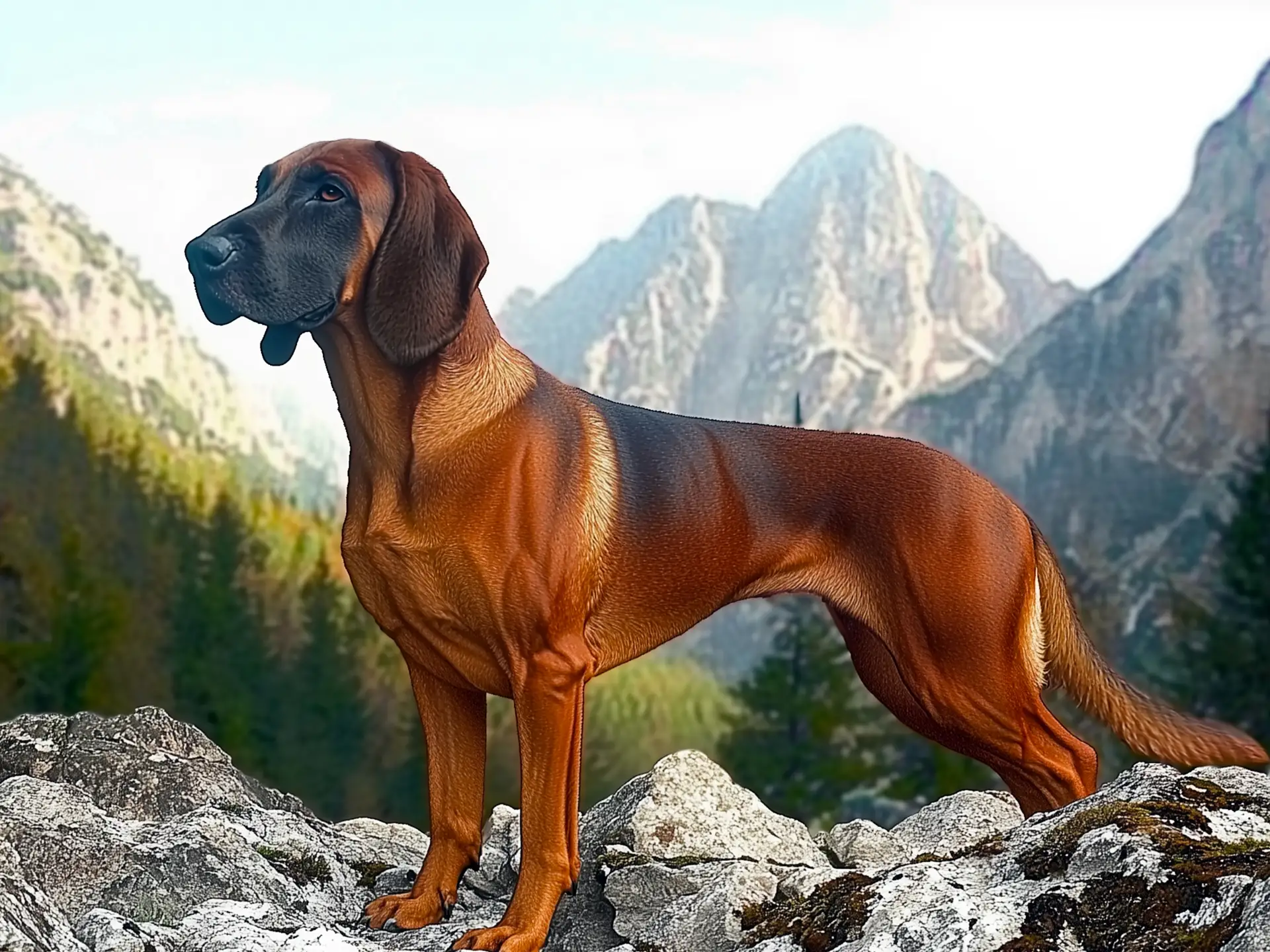 A Bavarian Mountain Scent Hound with a sleek reddish-brown and black coat stands on rocky terrain, with a backdrop of misty mountains and forests