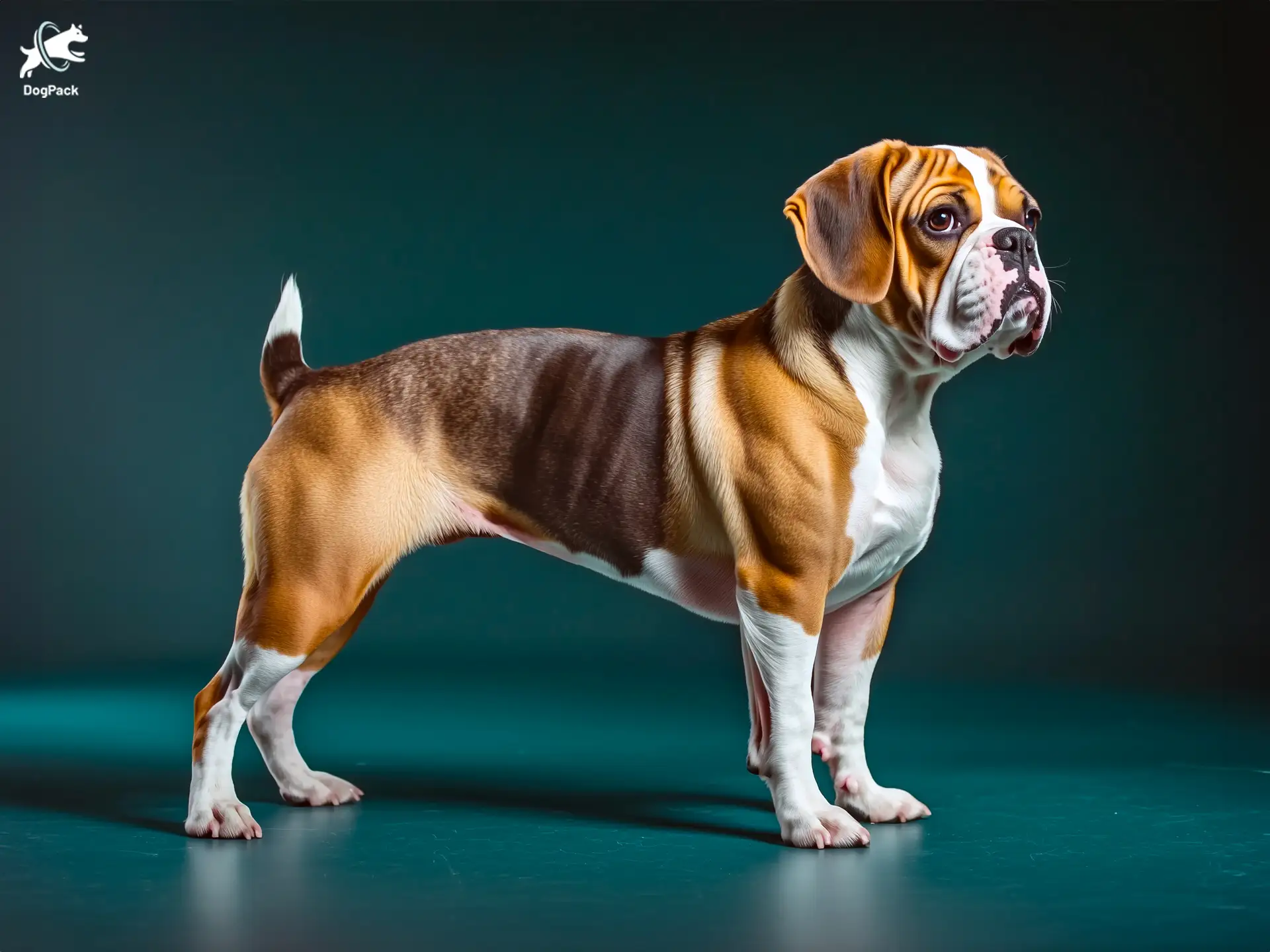 Beabull dog breed full body view standing against green background